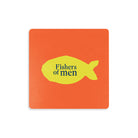 Fishers of men: Vibrant wooden square coaster with Christian-inspired design.