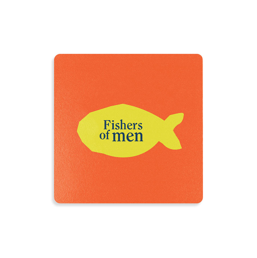 Fishers of men: Vibrant wooden square coaster with Christian-inspired design.