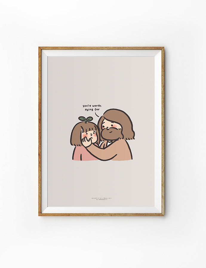 Framed illustration of Jesus gently holding a child's face, with the message 'You're worth dying for,' conveying love and value.