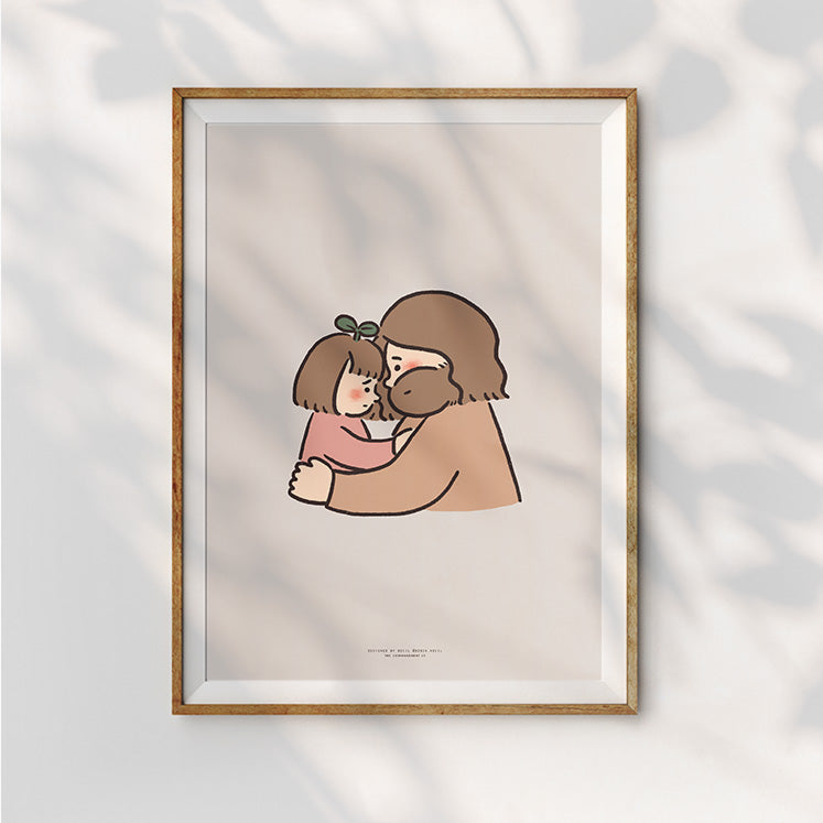 Artwork showing Jesus in a heartfelt embrace with a child, capturing a moment of warmth and compassion in a simple design.