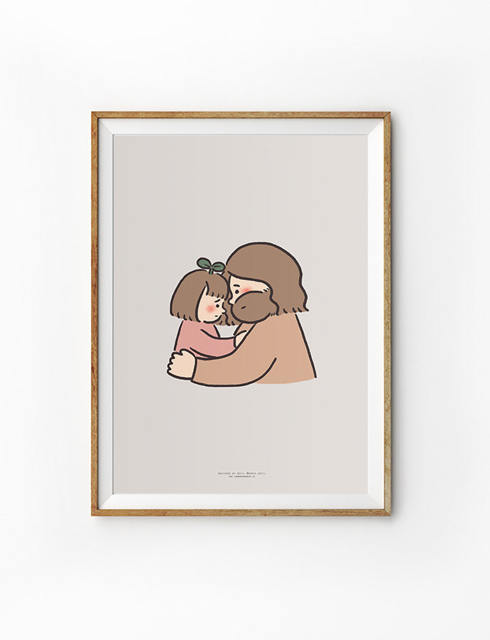 Framed minimalist illustration of Jesus embracing a child, symbolizing comfort and unconditional love.