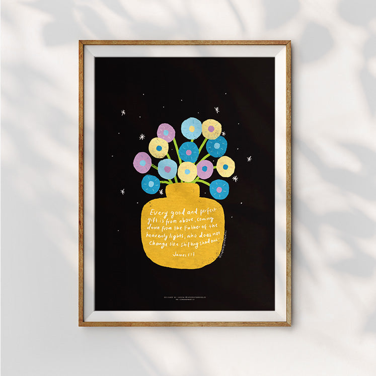 Encouraging framed art with James 1:17 Bible verse and bright flowers in a vase