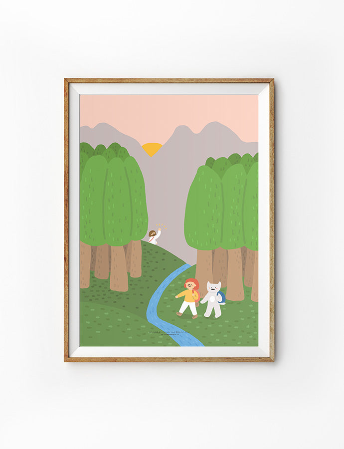 Framed artwork showcasing a serene forest scene with a river, Jesus waving in the background, and a child walking with a cheerful animal companion at sunset.