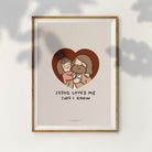 Framed artwork depicting Jesus with a joyful child in a heart, symbolizing love and faith with the words 'Jesus Loves Me This I Know.'