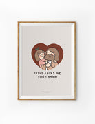 Illustration of Jesus with a child, embraced by a heart shape, captioned 'Jesus Loves Me This I Know' for a comforting message.