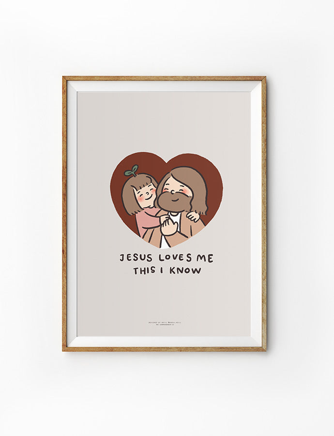 Illustration of Jesus with a child, embraced by a heart shape, captioned 'Jesus Loves Me This I Know' for a comforting message.