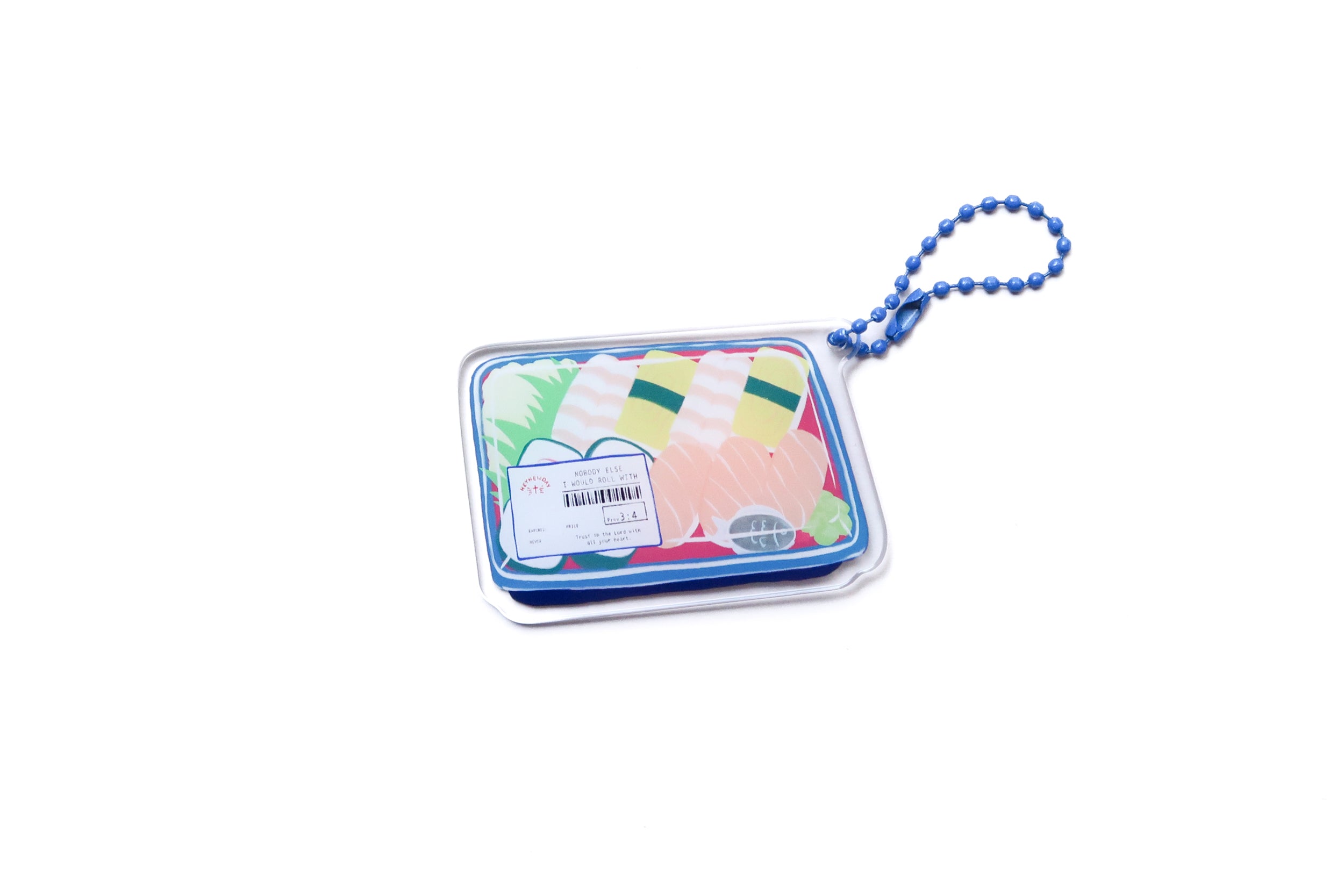 Trust in the Lord Sushi Set acrylic keychain shaped like a sushi bento tray, featuring colourful sushi pieces and a blue beaded chain.