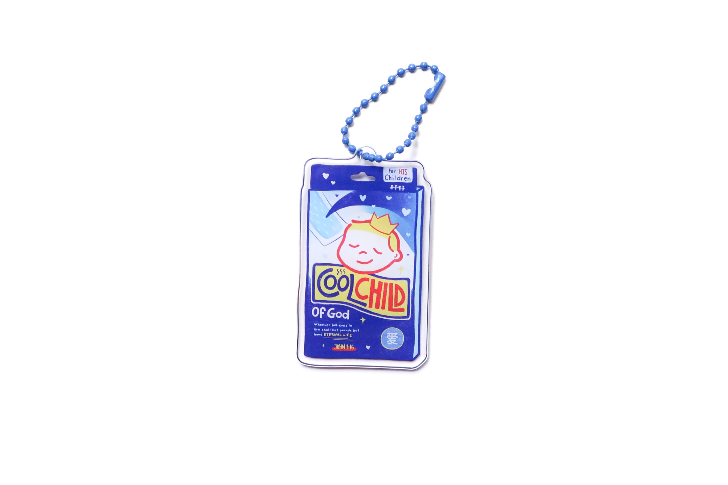 Cool Child of God acrylic keychain with blue beaded chain, featuring a cute crowned character design on a white background.