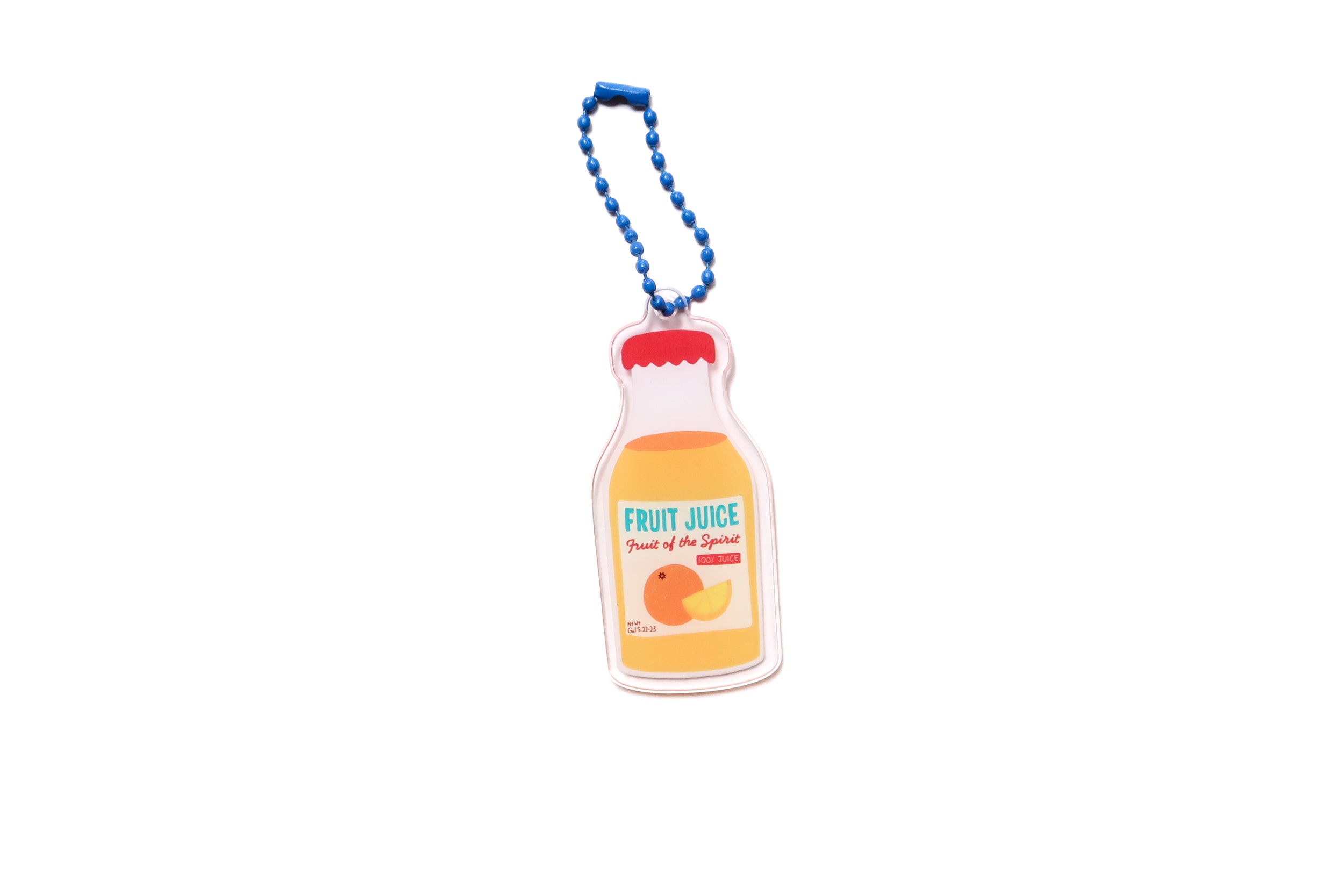 Fruit of the Spirit Orange Juice acrylic keychain shaped like a juice bottle, featuring a bright orange label and a blue beaded chain.