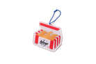 ‘Soar on Wings’ acrylic keychain shaped like a red-and-white fried chicken box with illustrated chicken wings inside, attached to a blue beaded chain.
