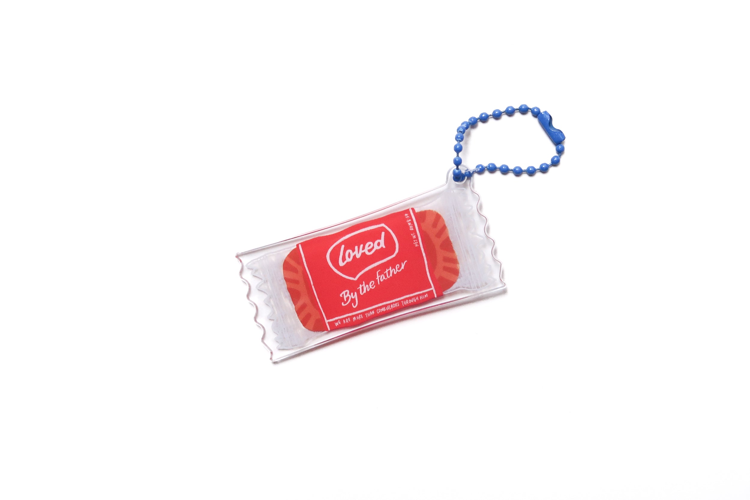 Loved by the Father acrylic keychain designed like a red coffee biscuit wrapper, with a blue beaded chain, displayed on a white background.