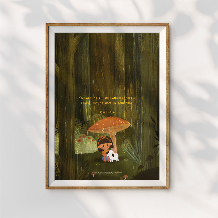 A whimsical Christian illustration featuring a child sitting beneath a mushroom, cuddling a small sheep in a forest. The text displays Psalm 119:114, reading 'You are my refuge and my shield; I have put my hope in your word,' symbolizing protection and hope.