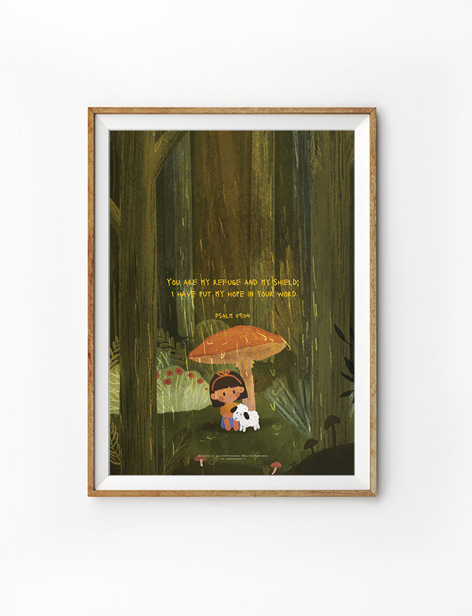 A framed Christian art print showing a child sitting under a large mushroom, holding a sheep, with the Bible verse Psalm 119:114: 'You are my refuge and my shield; I have put my hope in your word.' The scene is set in a peaceful, green forest, conveying comfort and faith.