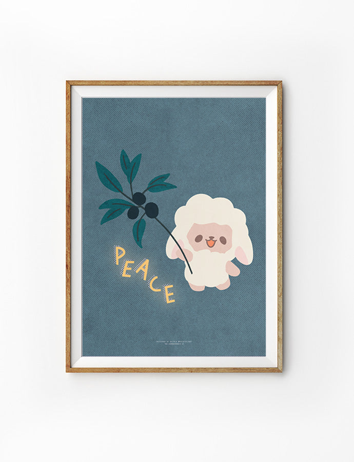 Faith-based poster featuring an adorable sheep, set against a calming blue background. The sheep is holding a branch, conveying a sense of peace and spiritual reflection. Ideal for enhancing serene and inspirational environments.