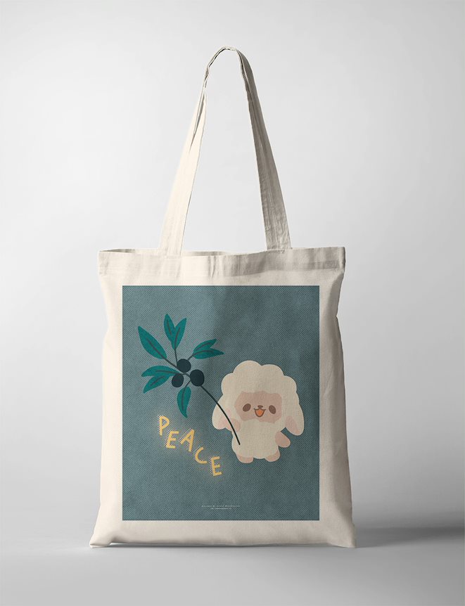 Canvas tote bag featuring a faith based poster design with a sheep and a teal vine against a muted blue background, conveying spiritual serenity and grace.