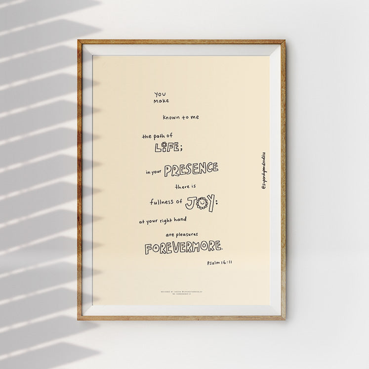 Graceful wall art with Psalm 16:11 verse 'In your presence is fullness of joy' and minimalist style