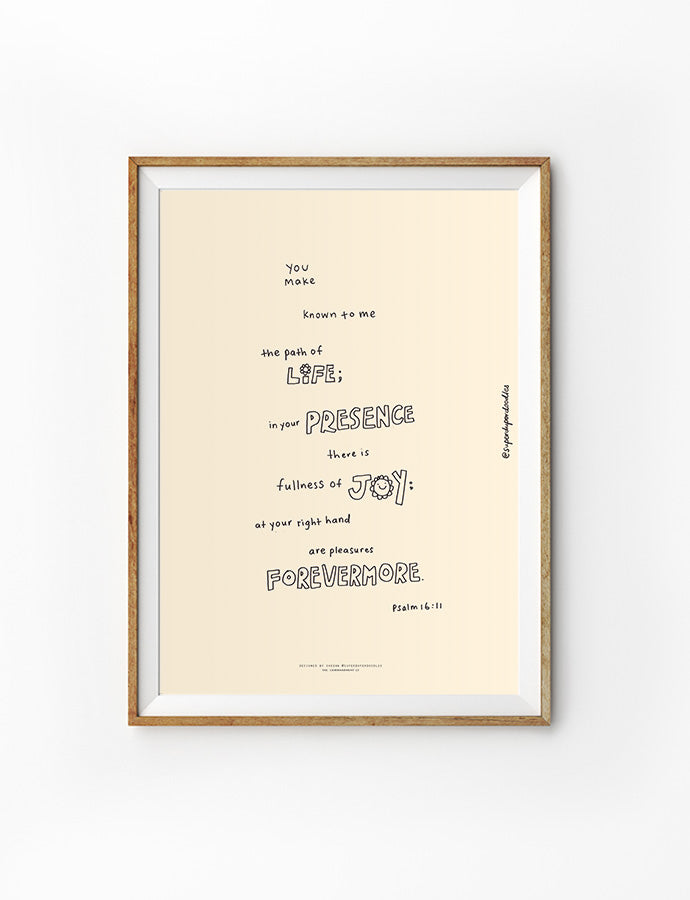 Minimalist framed wall art with Psalm 16:11 Bible verse 'You make known to me the path of life; in your presence is fullness of joy'