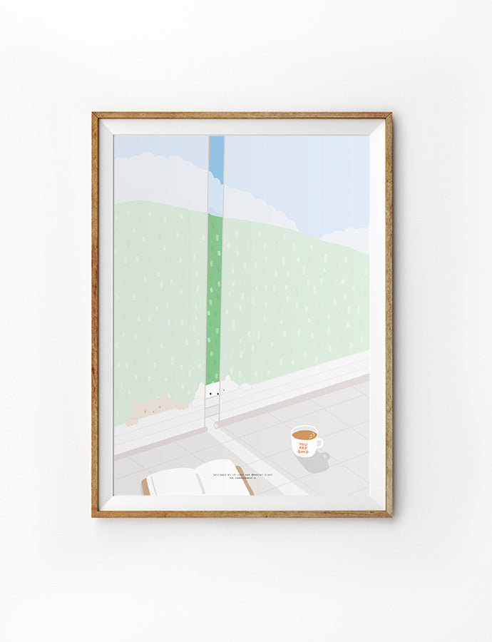 Framed illustration of a peaceful indoor setting featuring a coffee mug with 'You Are Good,' an open book, and two curious animals peeking through blinds with a green landscape in the background.