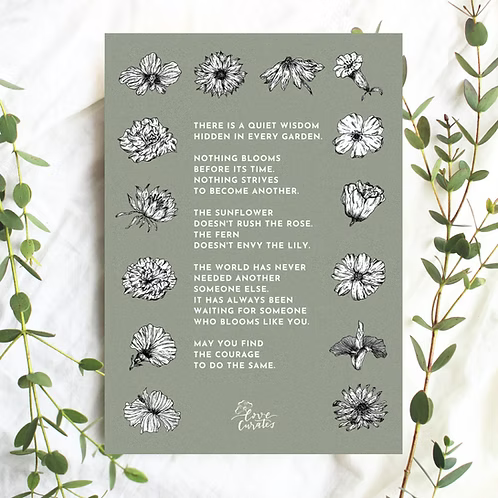 A6 postcard featuring hand-drawn floral illustrations and an encouraging message about growing in your own time without comparing your journey to others.