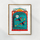 Decorative framed poster showcasing a dynamic nature scene with birds, stars, and a tree, accented by a radiant sun and the words 'Safe Nest.'