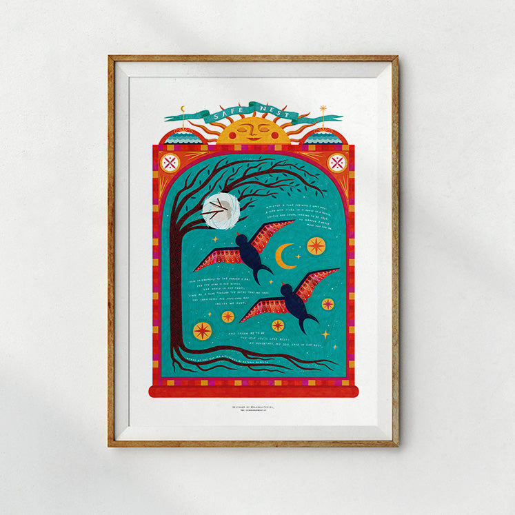 Decorative framed poster showcasing a dynamic nature scene with birds, stars, and a tree, accented by a radiant sun and the words 'Safe Nest.'