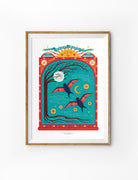 Colorful framed artwork featuring a vibrant design of birds, a tree, and celestial elements with the text 'Safe Nest' at the top.