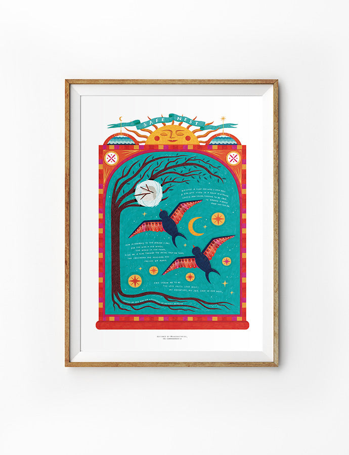 Colorful framed artwork featuring a vibrant design of birds, a tree, and celestial elements with the text 'Safe Nest' at the top.