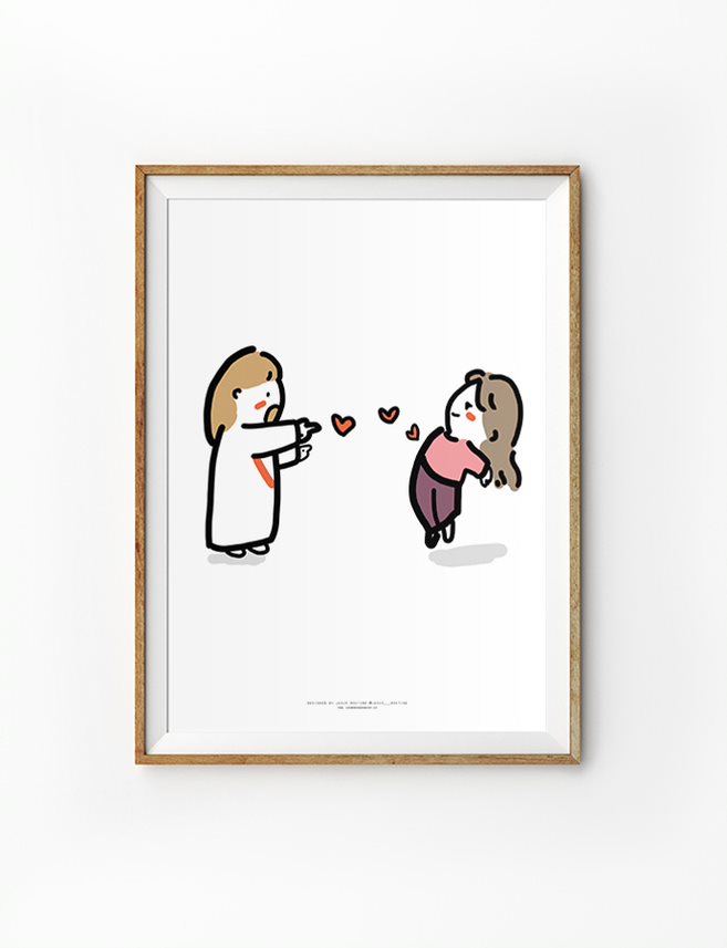 A delightful faith-based poster featuring an adorable illustration of Jesus playfully pointing at a joyful young woman, with floating hearts between them. This Christian artwork beautifully represents God’s love and encouragement, making it a perfect piece for inspirational wall decor or a thoughtful faith-filled gift.