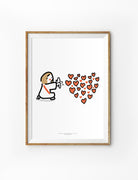 Faith-based poster featuring a framed illustration of Jesus shooting many small red hearts. The minimalist design emphasizes God's  great love towards us, capturing the essence of faith and warmth.