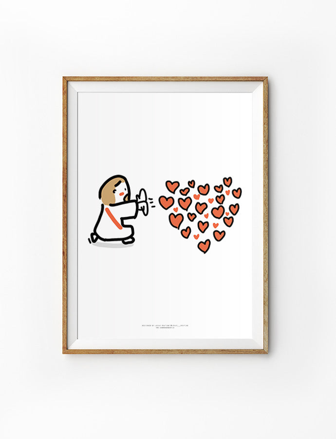 Faith-based poster featuring a framed illustration of Jesus shooting many small red hearts. The minimalist design emphasizes God's  great love towards us, capturing the essence of faith and warmth.