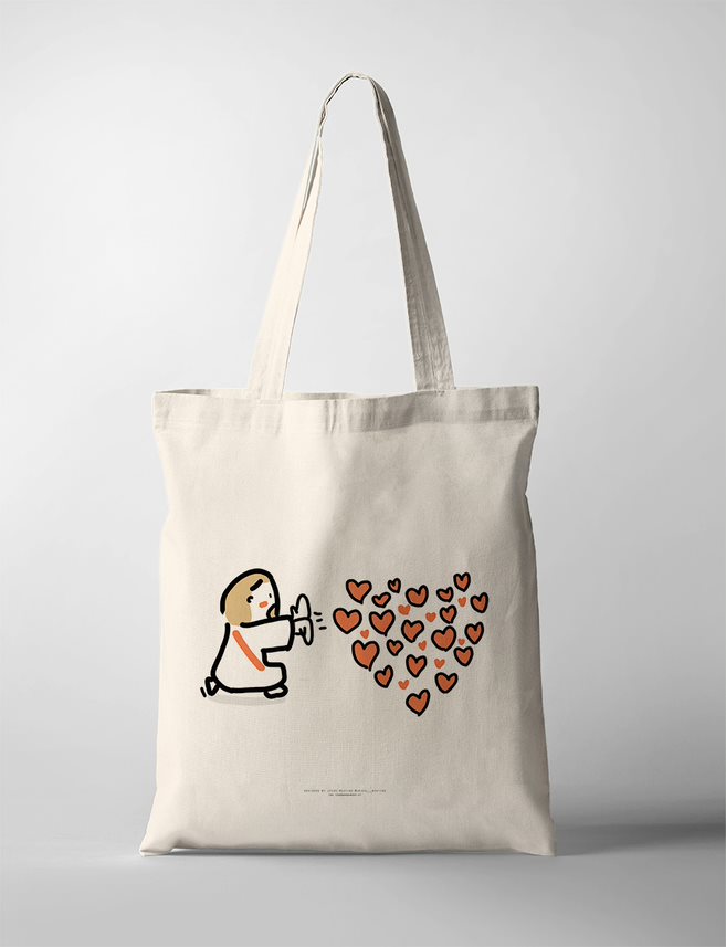 Faith-based Tote Bag featuring a  illustration of Jesus shooting many small red hearts. The minimalist design emphasizes God's  great love towards us, capturing the essence of faith and warmth.