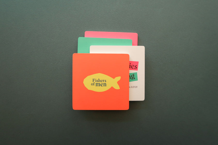 Colorful Faith Coasters: Geometric wooden square coasters with Christian motifs.