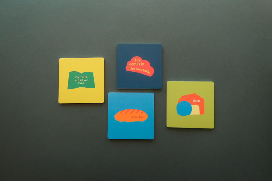 Divine Geometry Coaster: Colorful wooden square coaster with Christian-themed design