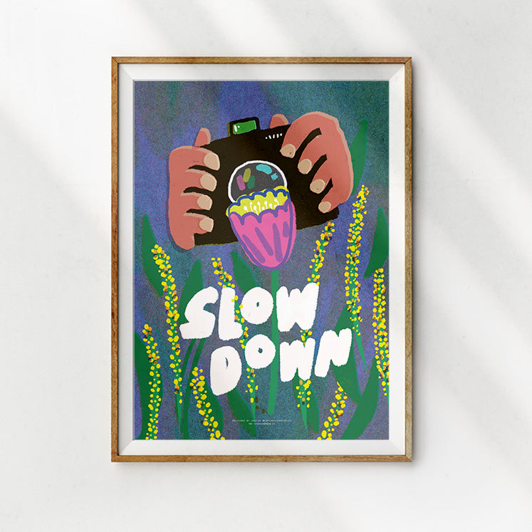 Artistic wall art with 'Slow Down' text and creative illustration of a flower and camera