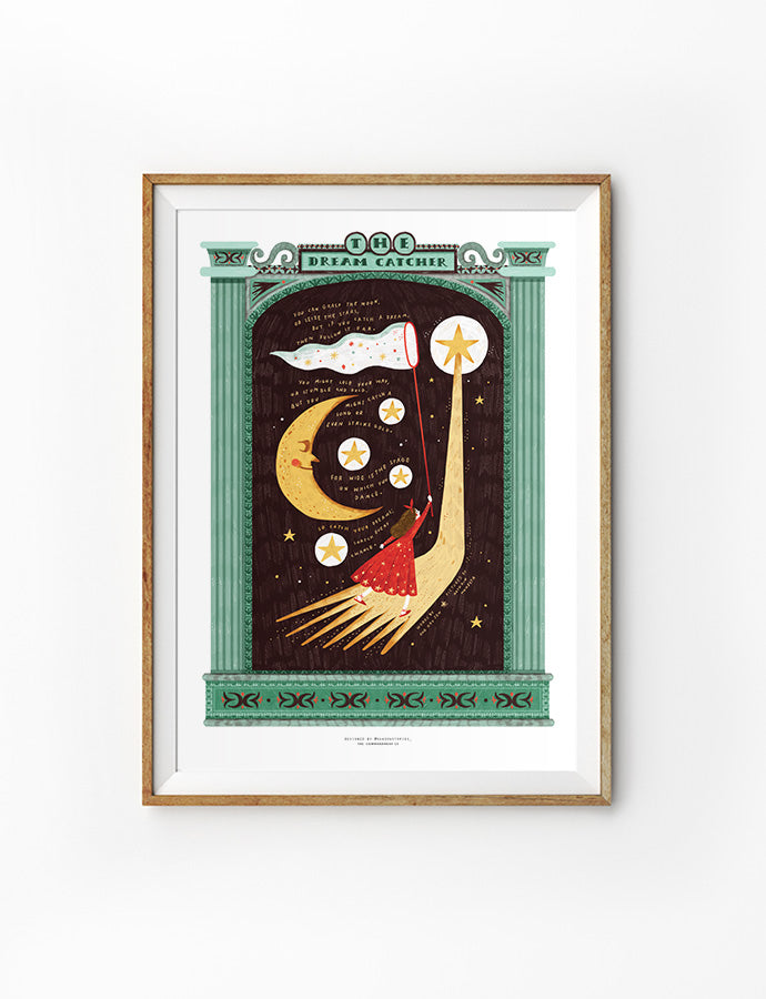 Framed illustration titled 'The Dream Catcher' featuring a girl catching stars with a net under a moonlit sky.