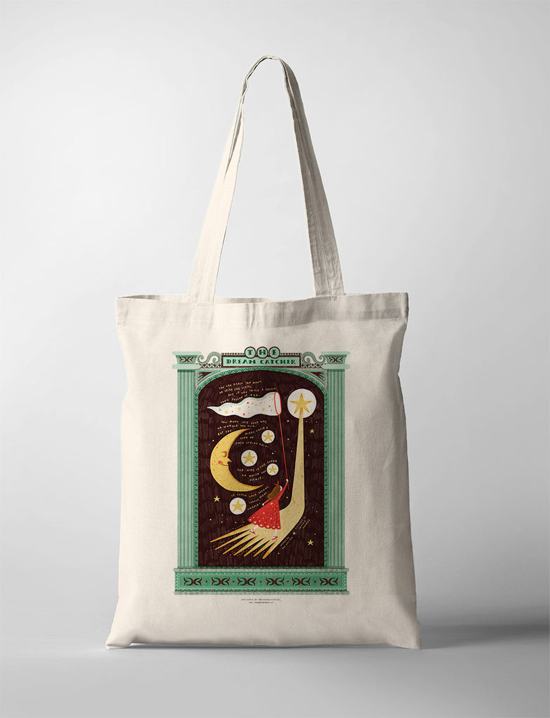 Eco-friendly tote bag with a creative 'Dream Catcher' print, showcasing a whimsical design of a woman catching stars.