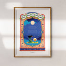 Decorative art print in a wooden frame, showcasing a poetic scene titled 'The Rose in the Storm' with a woman and a glowing rose.