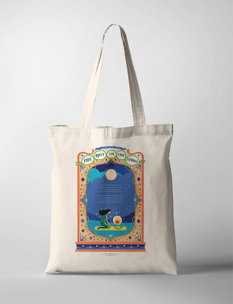 Stylish tote bag with a colorful 'The Rose in the Storm' design, highlighting an artistic and inspiring illustration.