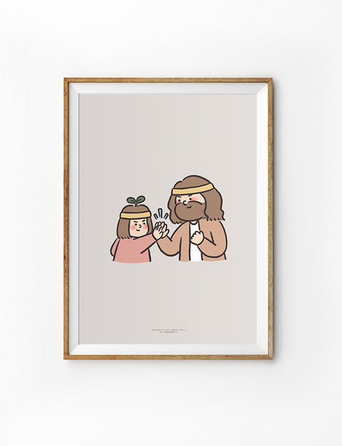 Illustration of Jesus and a child giving a high-five, both wearing headbands, symbolizing encouragement and teamwork.