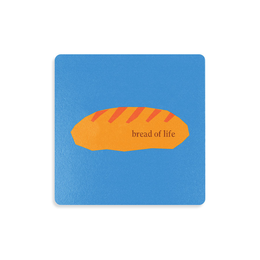 Bread of life: Wooden square coaster featuring vibrant Christian motifs.