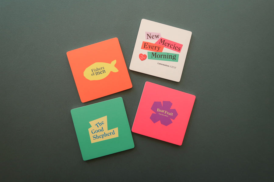 Enlightening Christian Coasters: Wooden squares with modern designs, perfect as gift ideas.