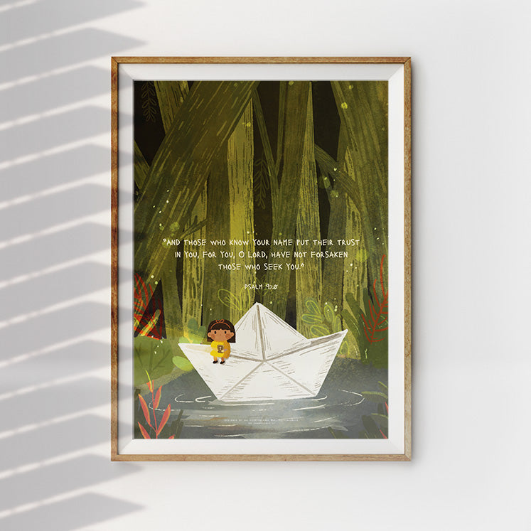 A whimsical Christian illustration of a child in a paper boat floating in a forest, with Psalm 9:10: 'Those who know your name put their trust in you, for you, O Lord, have not forsaken those who seek you.' The peaceful scene emphasizes trust in God's guidance.