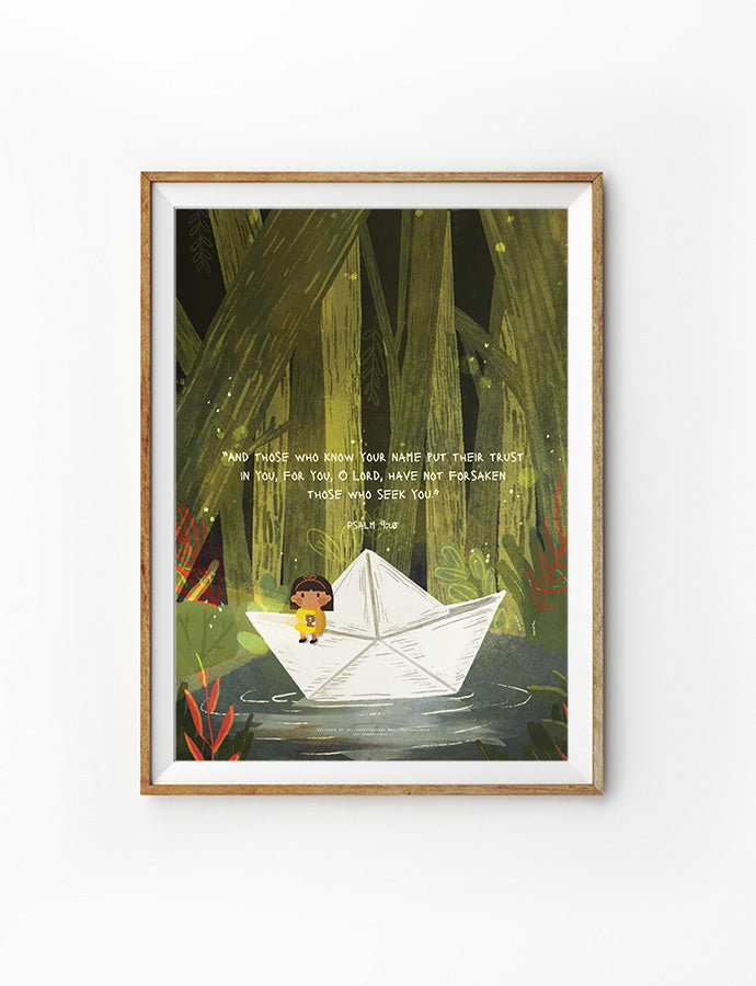 A framed Christian art print featuring a child sitting in a paper boat floating on a small stream in a forest. The text displays Psalm 9:10: 'And those who know your name put their trust in you, for you, O Lord, have not forsaken those who seek you,' highlighting themes of trust and faith.