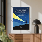 A5 Christian art print featuring a deep blue night landscape, a figure shining light toward the horizon, and the message “You don’t need to see the whole path to trust the One who leads it.”