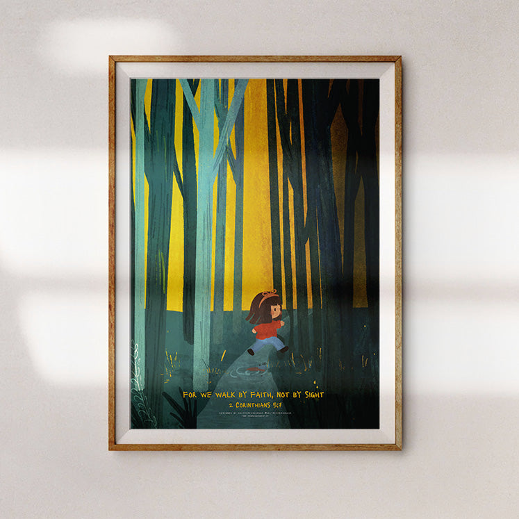 A whimsical Christian illustration showing a child walking through a sunlit forest, accompanied by the Bible verse 2 Corinthians 5:7: 'For we walk by faith, not by sight.' The scene represents a faith-filled journey with vibrant colors and light.