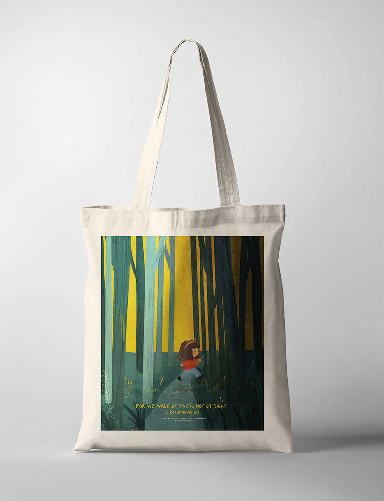 Beige tote bag featuring an illustration of a child running through a forest with sunlight filtering through the trees, accompanied by the Bible verse 2 Corinthians 5:7: 'For we walk by faith, not by sight.' The design emphasizes faith and perseverance through life's journey.