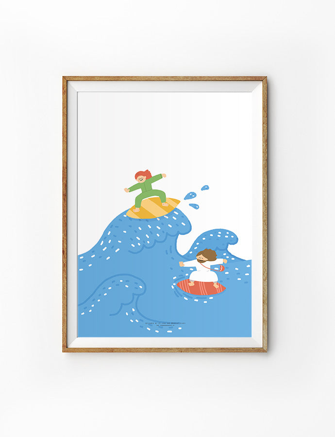 Framed illustration featuring two characters surfing on playful blue waves, one with red hair on a yellow surfboard and the other wearing white on a red surfboard, enjoying the adventure.