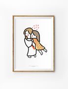 A touching Christian illustration of Jesus embracing a child in a warm and loving hug, with floating hearts above them symbolizing divine love. This faith-filled artwork radiates comfort, security, and the unconditional love of Christ, making it an ideal faith-based inspirational wall decor piece for any space.