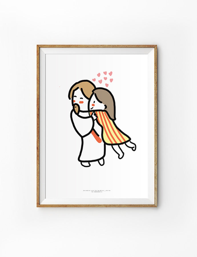 A touching Christian illustration of Jesus embracing a child in a warm and loving hug, with floating hearts above them symbolizing divine love. This faith-filled artwork radiates comfort, security, and the unconditional love of Christ, making it an ideal faith-based inspirational wall decor piece for any space.