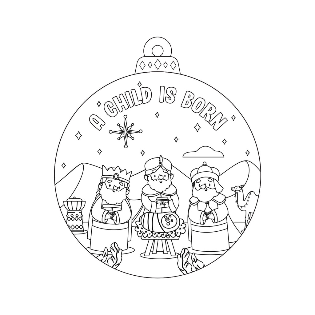 Christian coloring page depicting the nativity scene with three wise men presenting gifts to baby Jesus under the starry sky, titled 'A Child Is Born.'